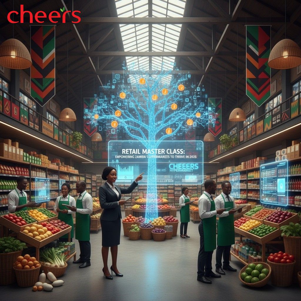 Cheers Hypermarket retail masterclass concept showing smart supermarket with digital technology, fresh produce displays, and staff using data-driven tools in a modern grocery store.