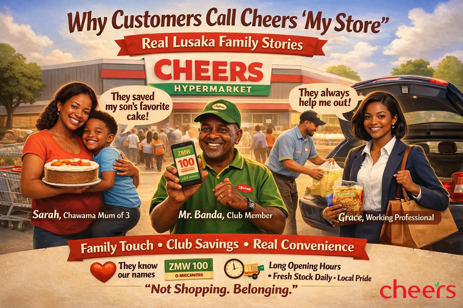 Cheers Hypermarket Lusaka promotional banner featuring happy customers sharing real family stories, highlighting savings, fresh groceries, convenience, and community shopping experience.