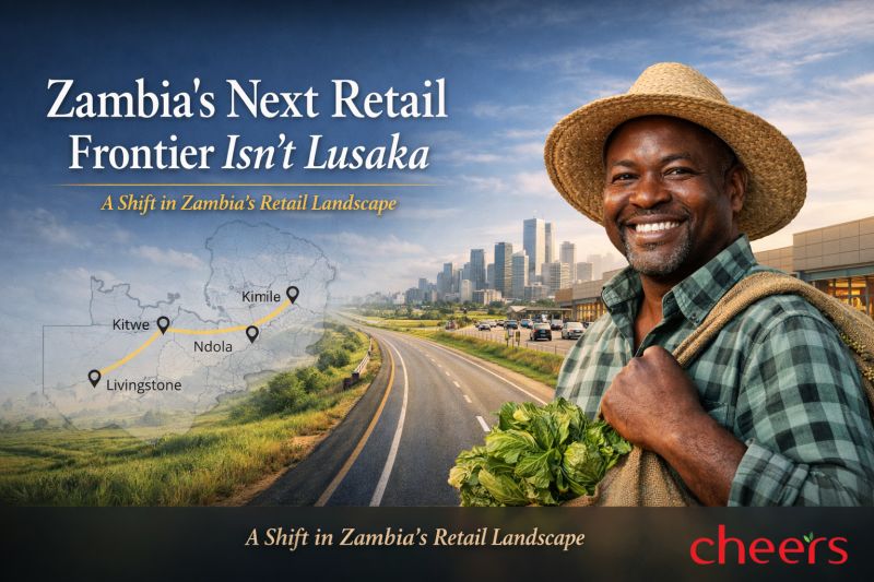 Zambia retail expansion concept showing smiling farmer with fresh produce, highway toward city skyline, and map highlighting Kitwe, Ndola, Livingstone, and Kimilili as emerging retail markets beyond Lusaka.