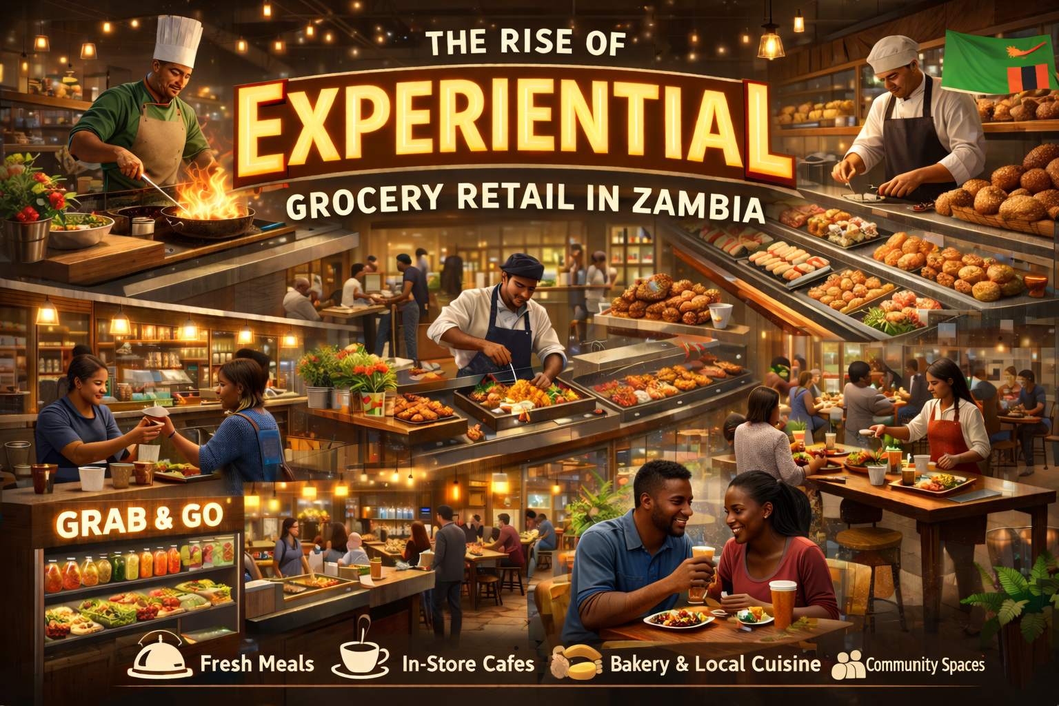 Realistic scene of a modern grocery store in Zambia with Zambian shoppers and chefs preparing fresh food, featuring grab-and-go meals, bakery items, in-store café seating, and community dining spaces representing experiential grocery retail.
